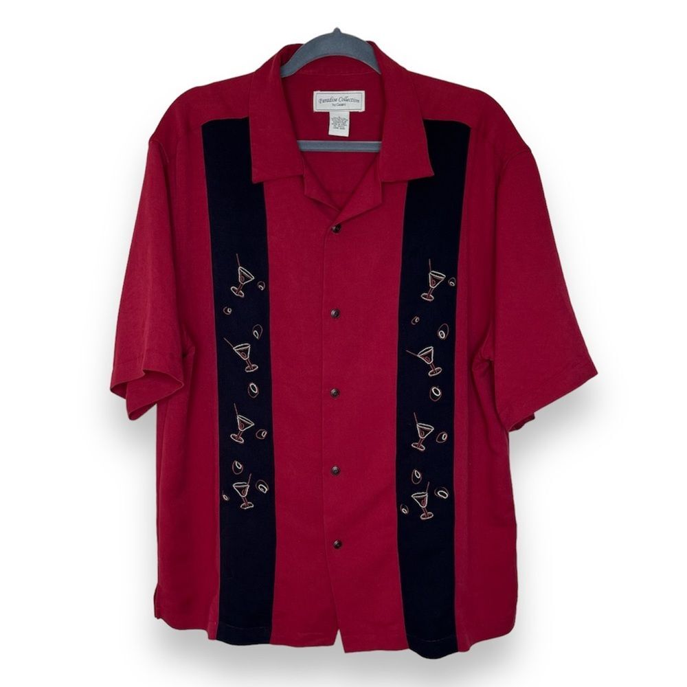Cezani Paradise Collection Red Embroidered Martini Bowling Shirt Men Large